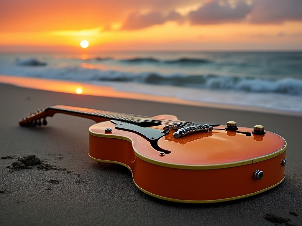 Orange electric guitar on beach at sunset with ocean waves in background.