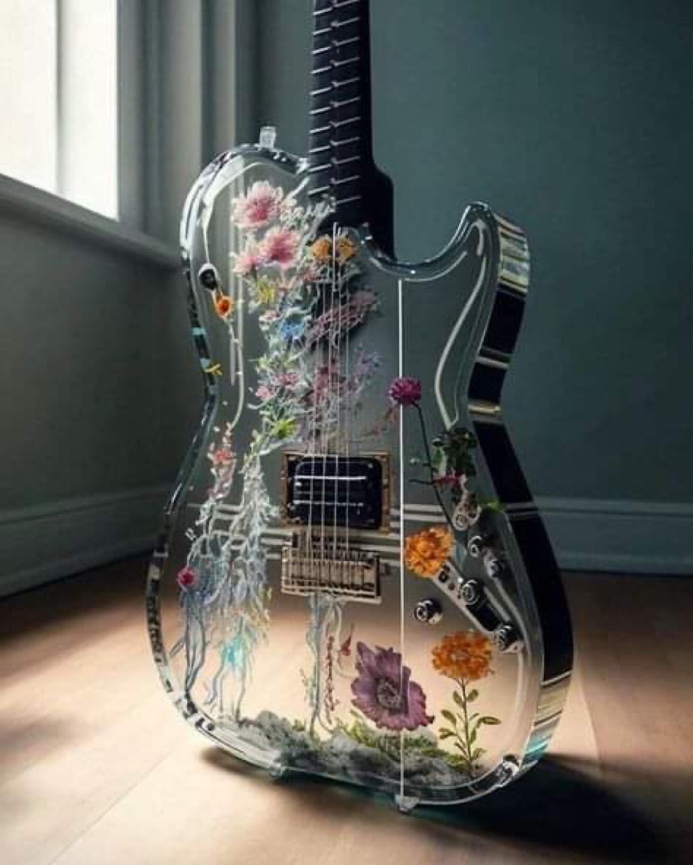 Transparent electric guitar with embedded flowers and plants.