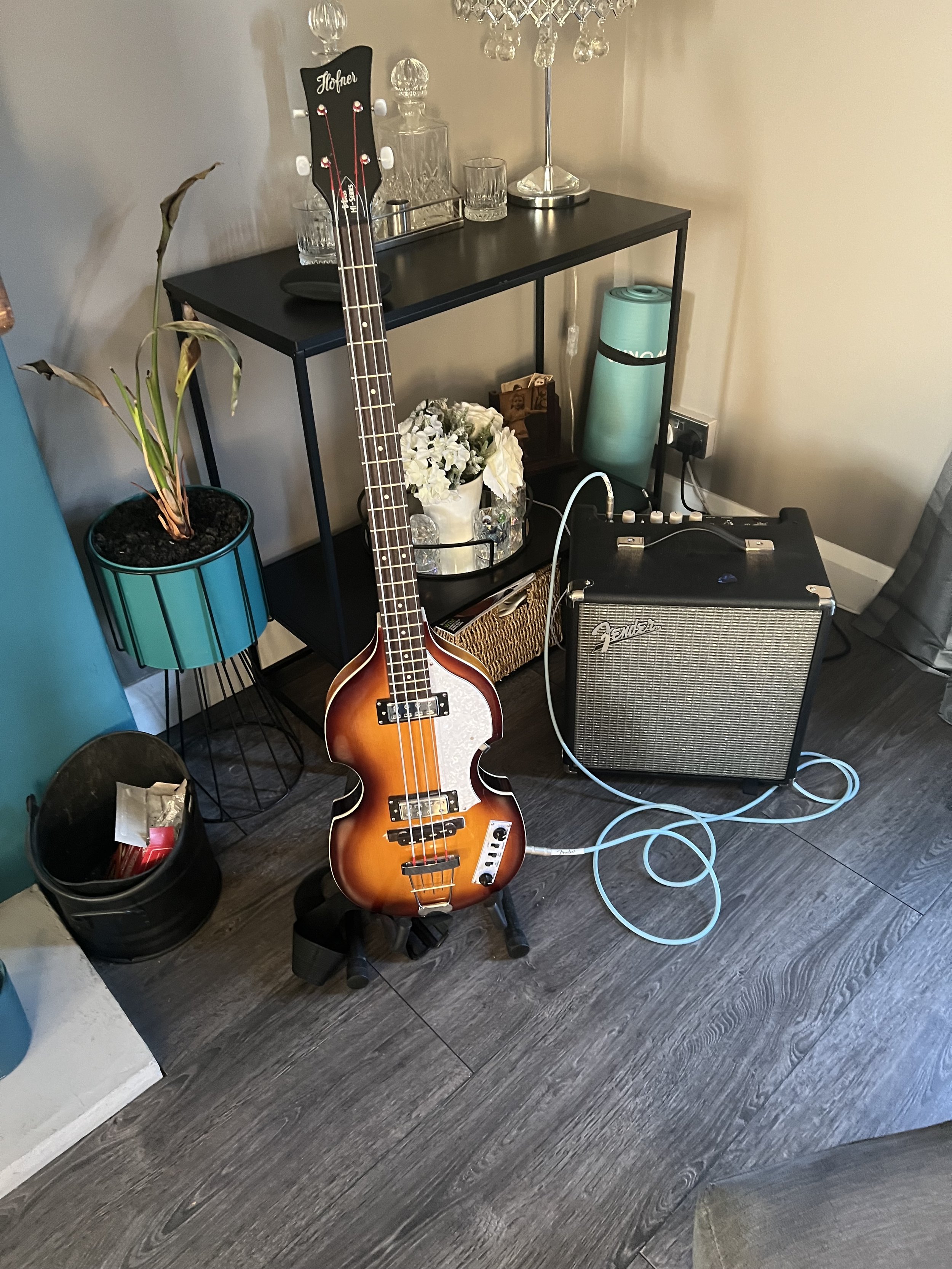 Electric bass guitar on stand beside amplifier and decorative shelf with plants and glassware.
