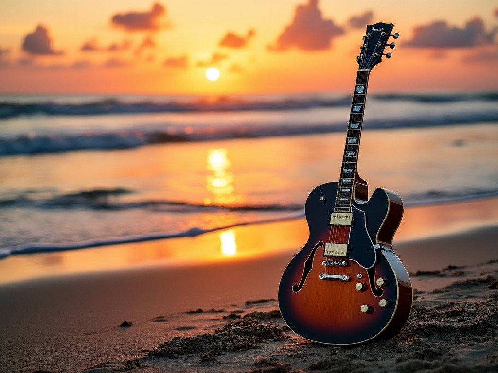 Electric guitar on sandy beach at sunset with ocean waves in background.