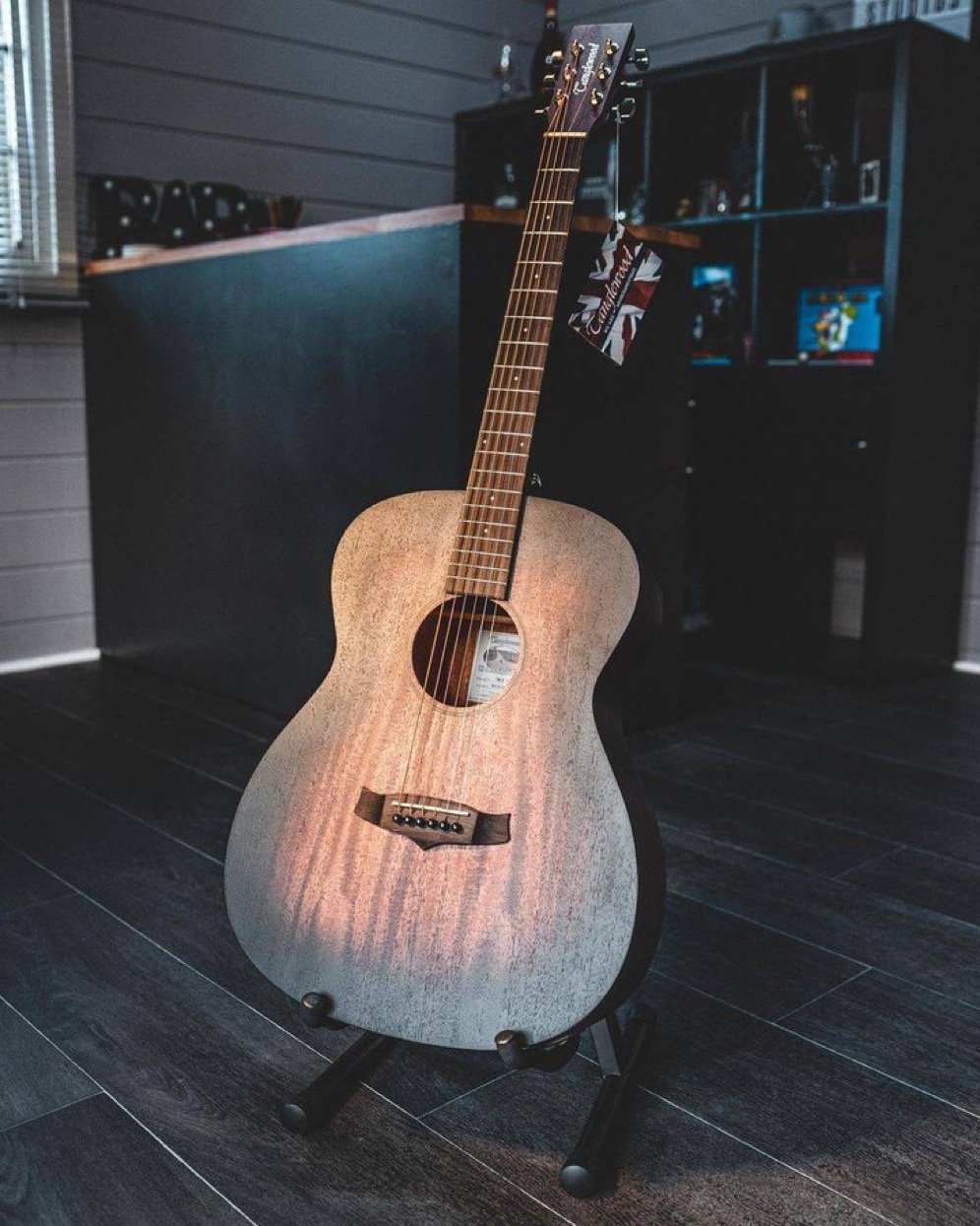 Acoustic guitar on a stand in a modern room with wood flooring and shelves.