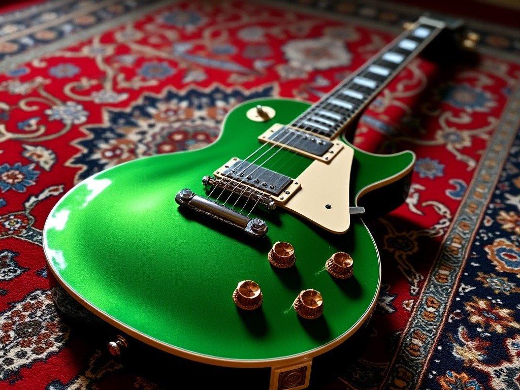 Green electric guitar on a red patterned rug.