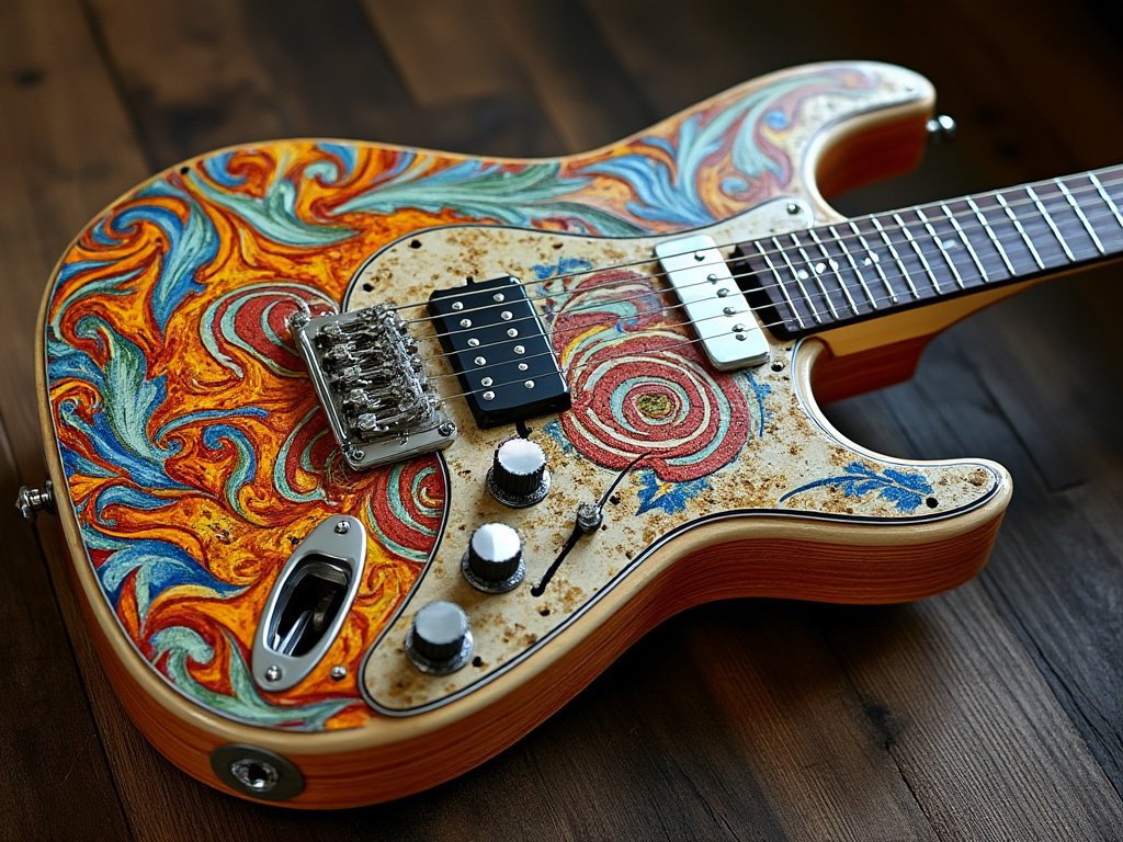 Electric guitar with colorful, abstract swirl patterns on the body, resting on a wooden surface.