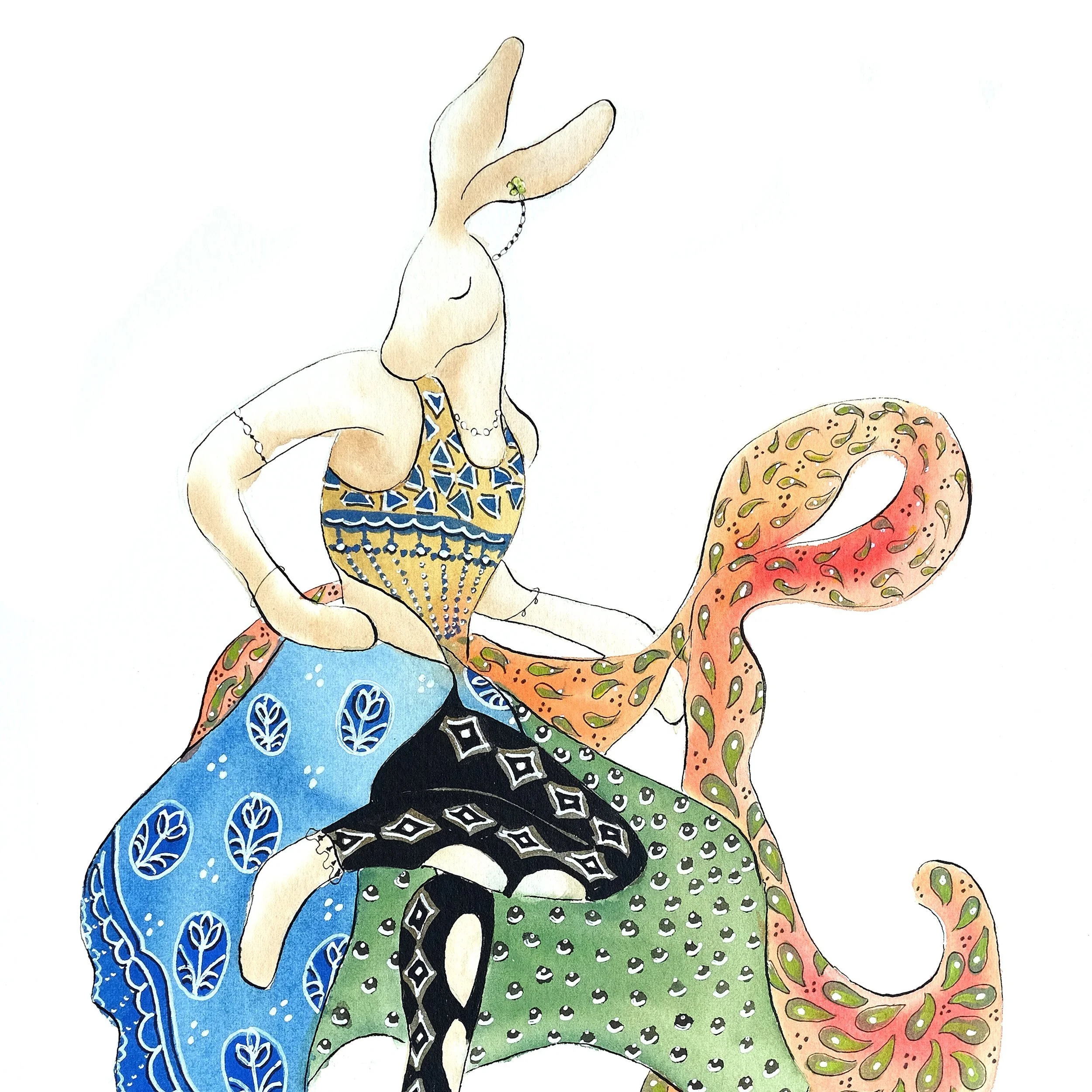 Illustration of a rabbit wearing colorful, patterned clothing, including a blue, green, and orange dress with intricate designs, and checked leggings, in a stylized and artistic pose.