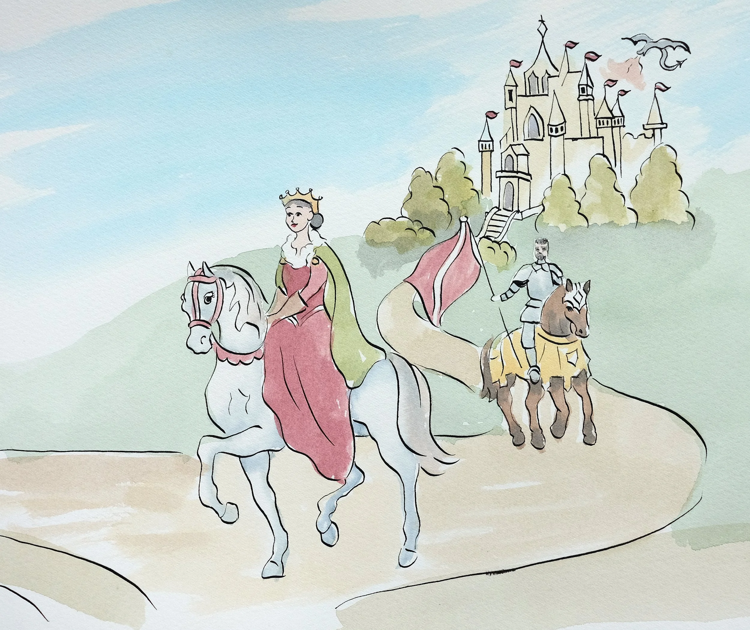 Illustration of a medieval scene with a queen riding a white horse and a knight on a brown horse, a castle in the background, and a dragon flying in the sky.