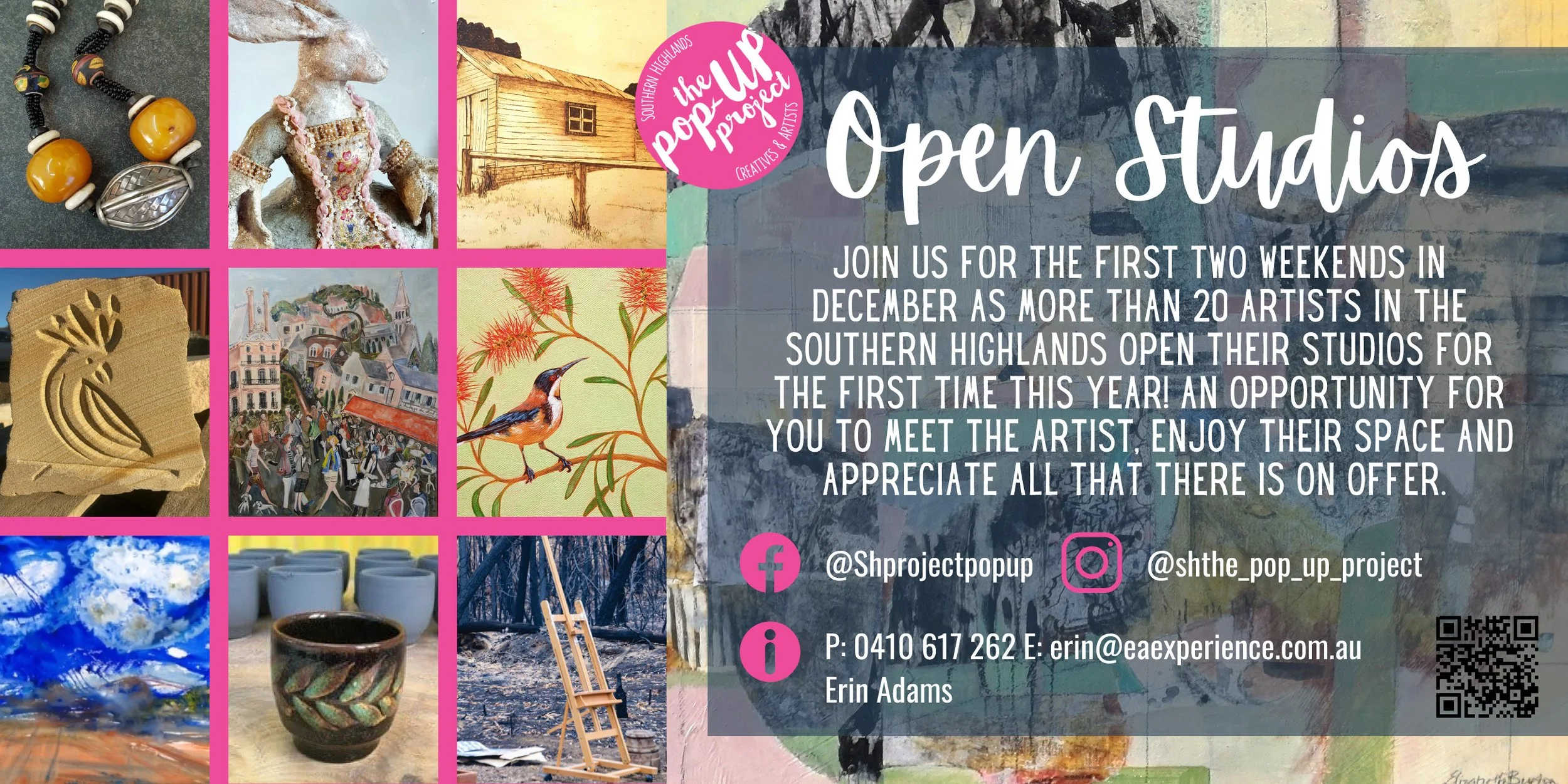 Collage promoting Southern Highlands Pop Up Project Open Studios event in December, featuring various artworks and details for contacting organizer Erin Adams.