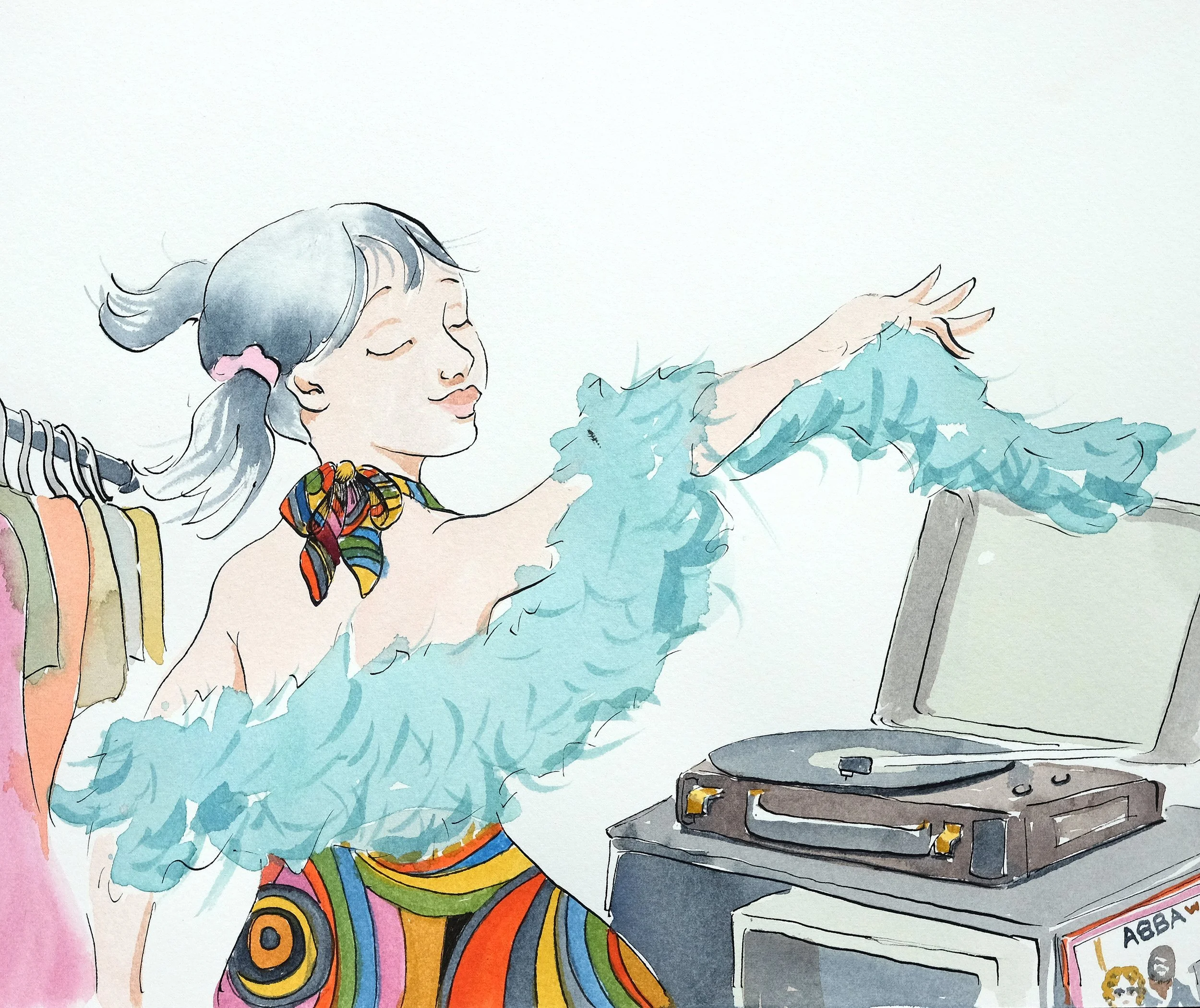 A watercolor illustration of a young person with gray hair in pigtails wearing a colorful scarf around the neck and a vivid, patterned outfit. They are dancing joyfully next to a record player, holding a fluffy blue boa. Clothes hang on a rack in the background.