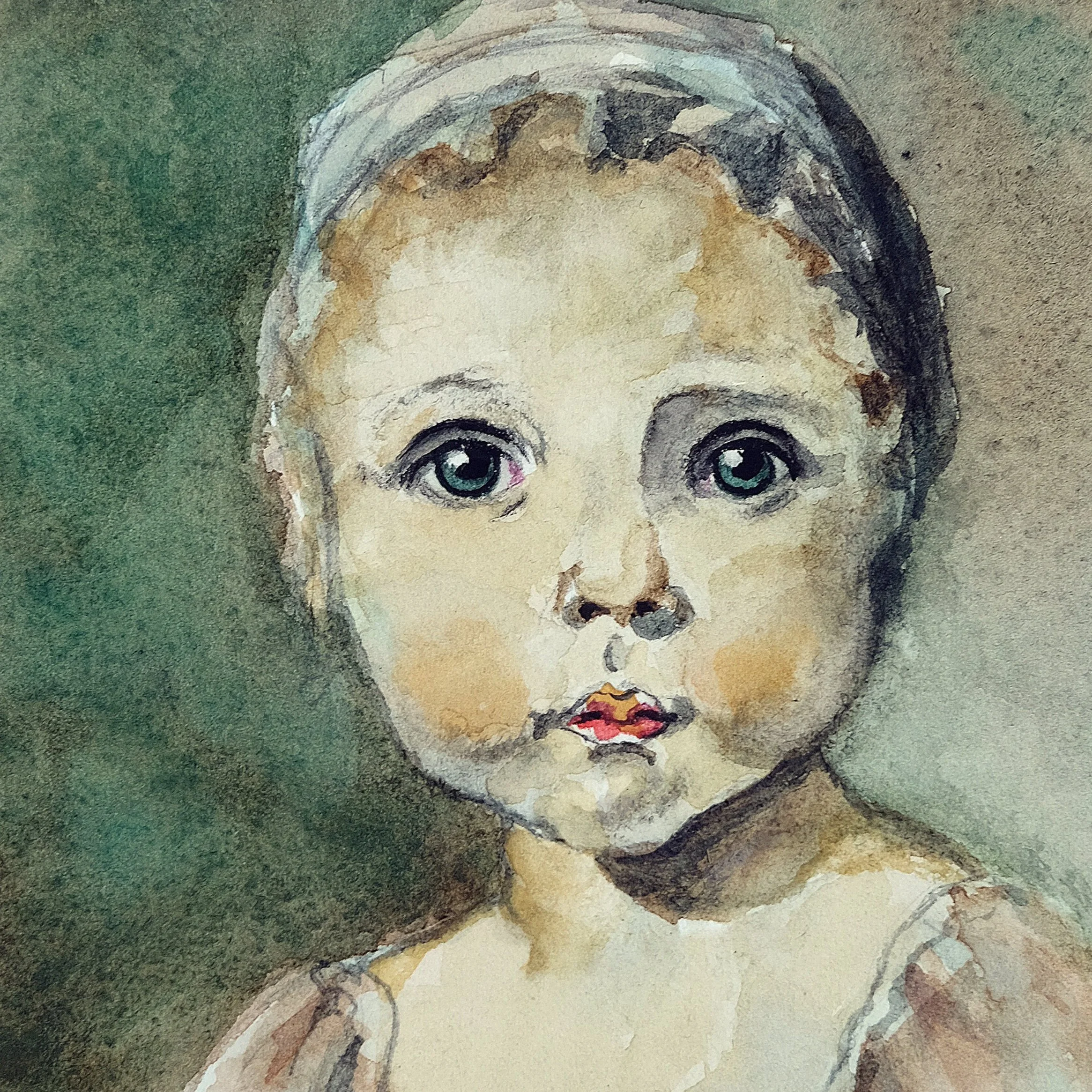 Watercolor painting of a young child's face with large eyes and a neutral expression, set against a textured background.