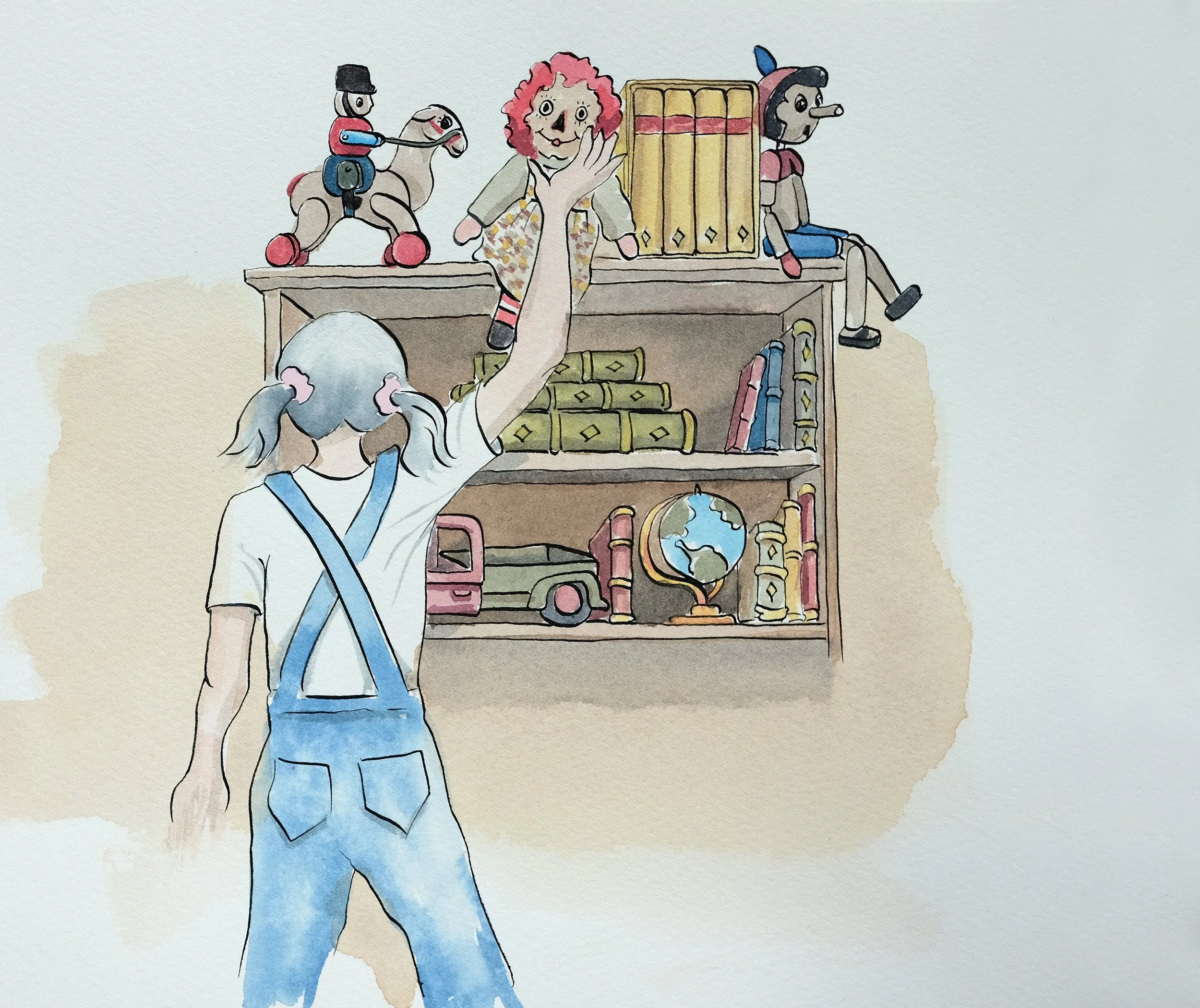 Child in overalls reaching for a doll on a bookshelf filled with toys and books.