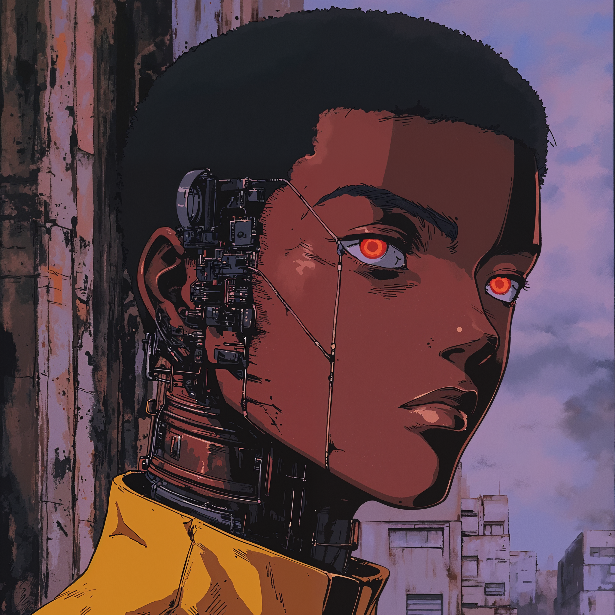 A digital artwork of a woman with short hair and cybernetic facial features, wearing a yellow jacket, set against a cityscape background with a cloudy sky.