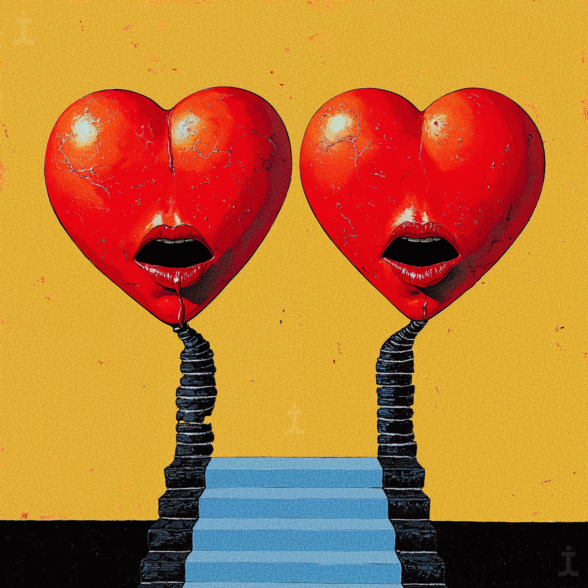 From one perspective, the twin heart-shaped figures could be seen as symbolic guardians of passion, standing at the top of a surreal staircase. Their lips—slightly parted as if ready to speak—hint at confessions, intimacy, and unspoken truths that on