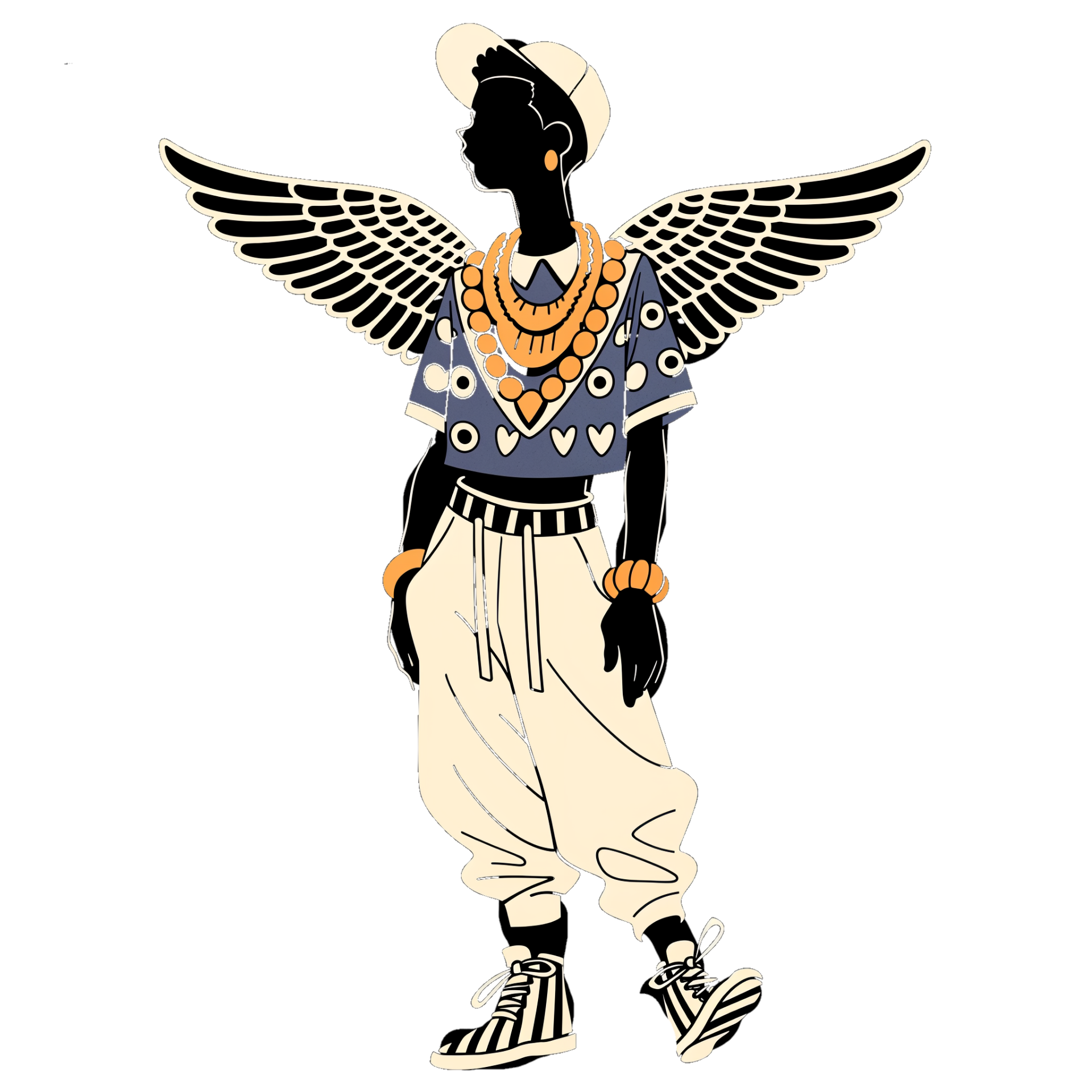 Fashion illustration of a person with angel wings, wearing a wide-brim hat, jewelry, a graphic T-shirt, loose pants, and sneakers.