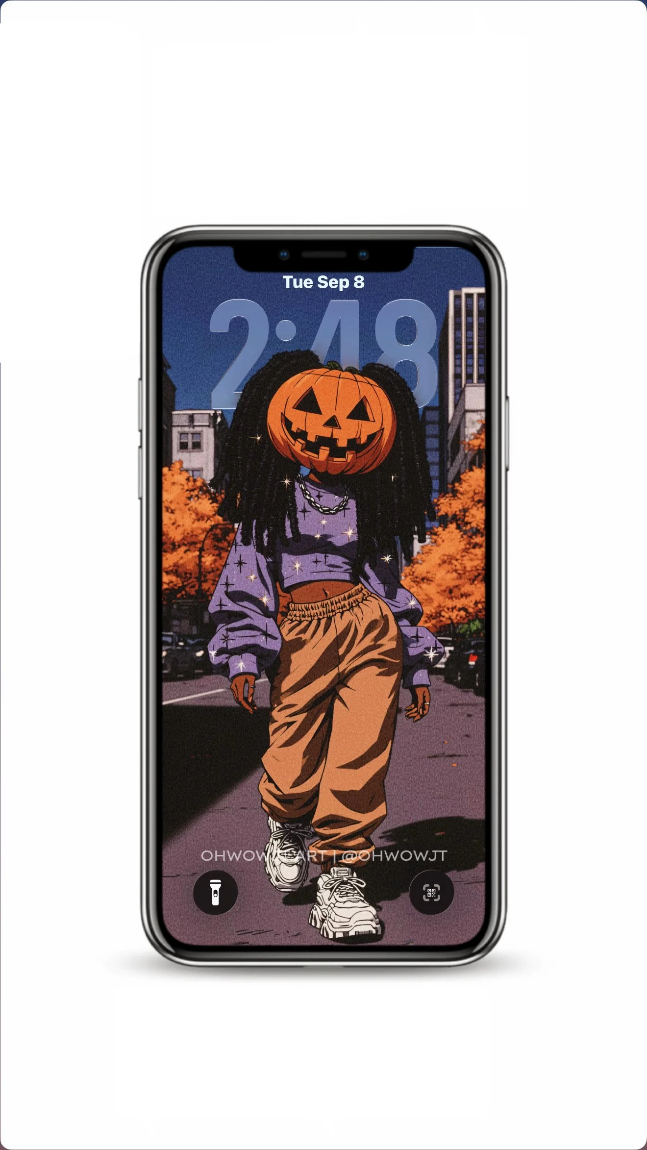 A Black woman with long locs walks a fall city street in a lavender sparkle sweater and tan cargo joggers, her head a carved jack o' lantern. This free pumpkin head phone wallpaper is built for the iPhone lock screen, with orange autumn trees and ope