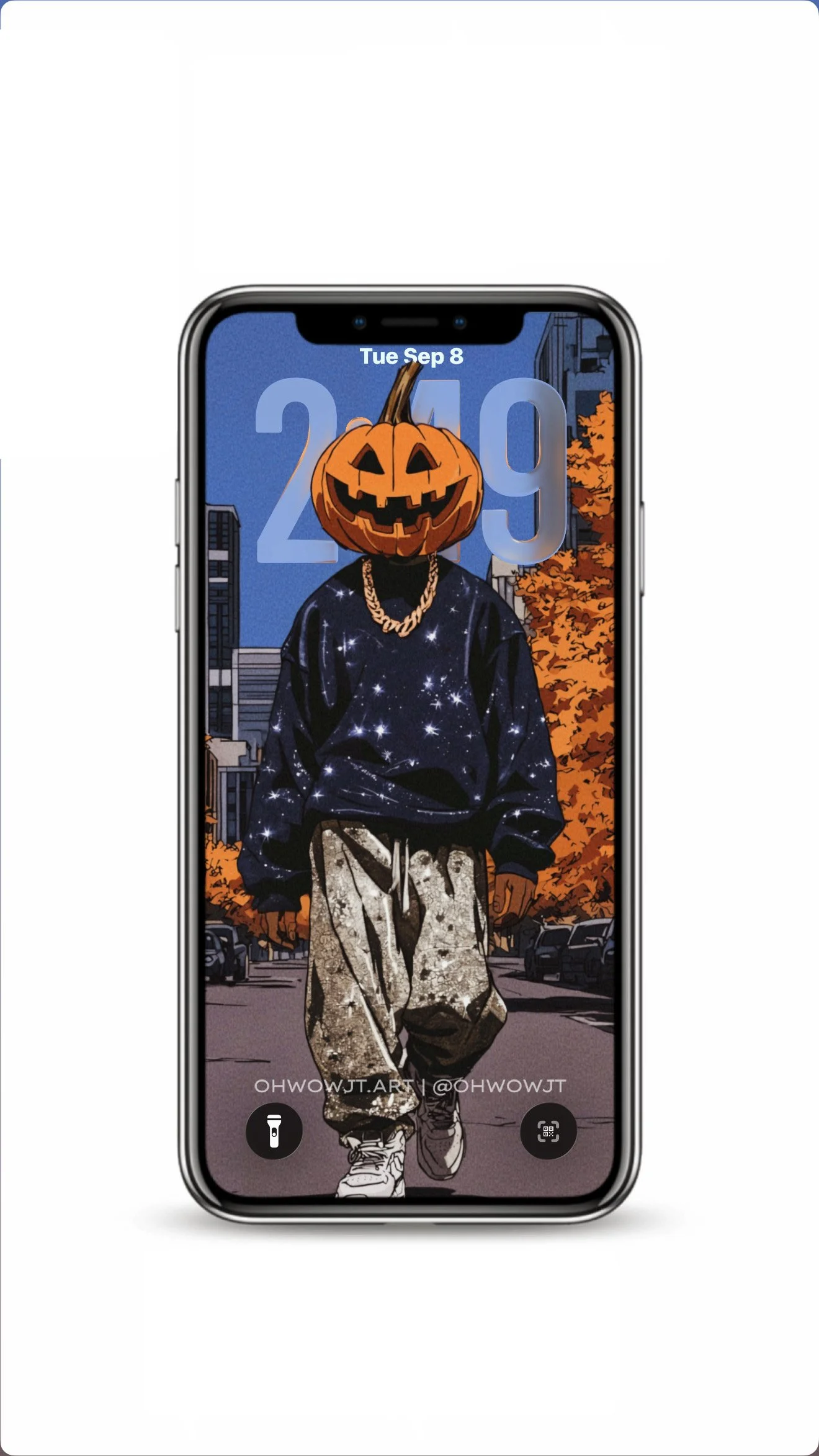 A pumpkin head figure walks a sunlit city block in a navy sparkle sweater, gold cuban chain, and distressed cargo pants. This free fall lock screen wallpaper places the jack o' lantern behind the clock so the iPhone depth effect kicks in.