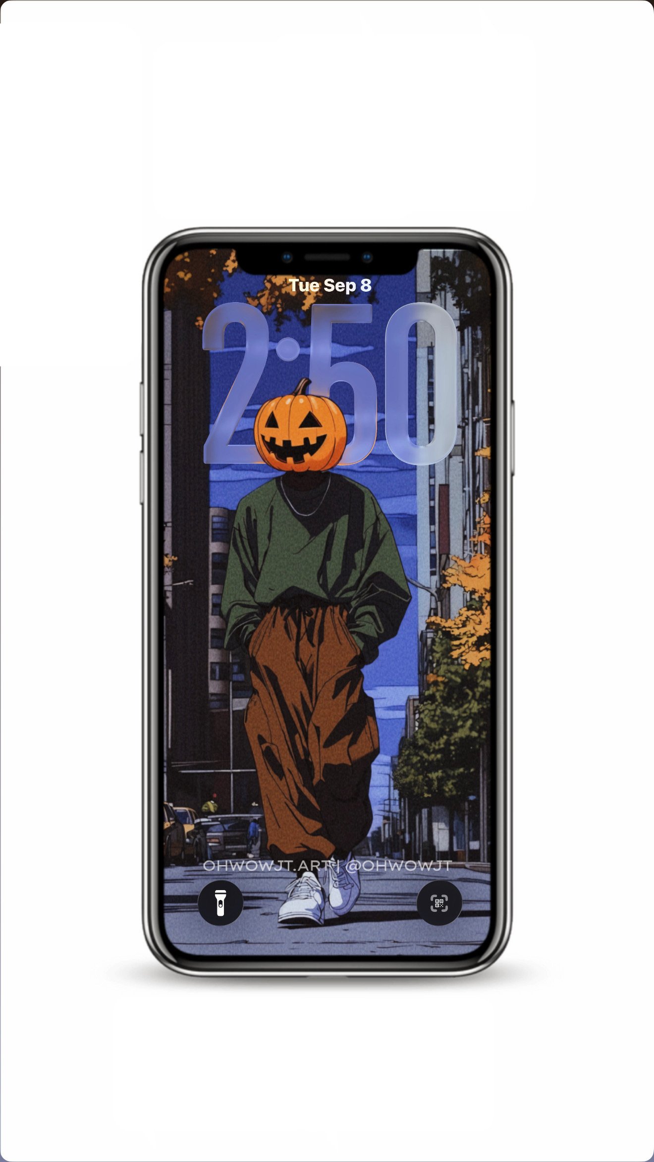 The original pumpkin head wallpaper from 2024, remastered in 4K, featuring an olive sweater, rust pants, and a walk beneath a golden ginkgo canopy. This is the free fall phone wallpaper people have been running on their lock screens every October sin