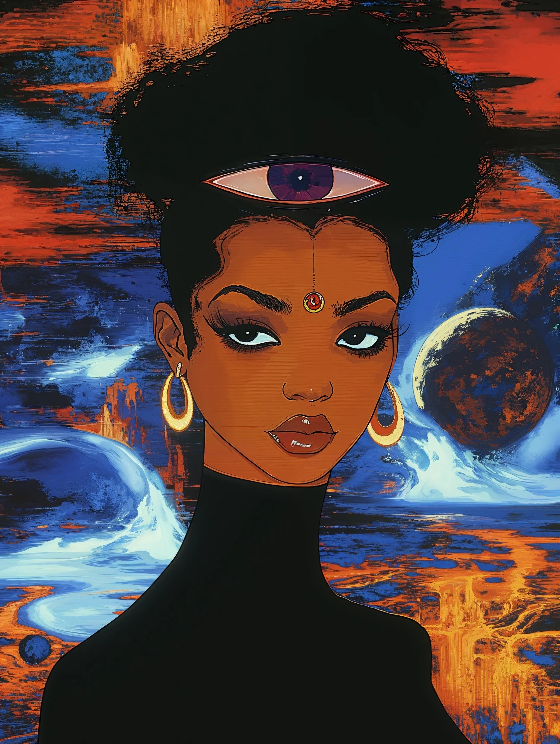 Surreal art of a woman with a third eye on her forehead, wearing gold hoop earrings, against a cosmic background of vibrant blue and orange colors with abstract celestial elements.