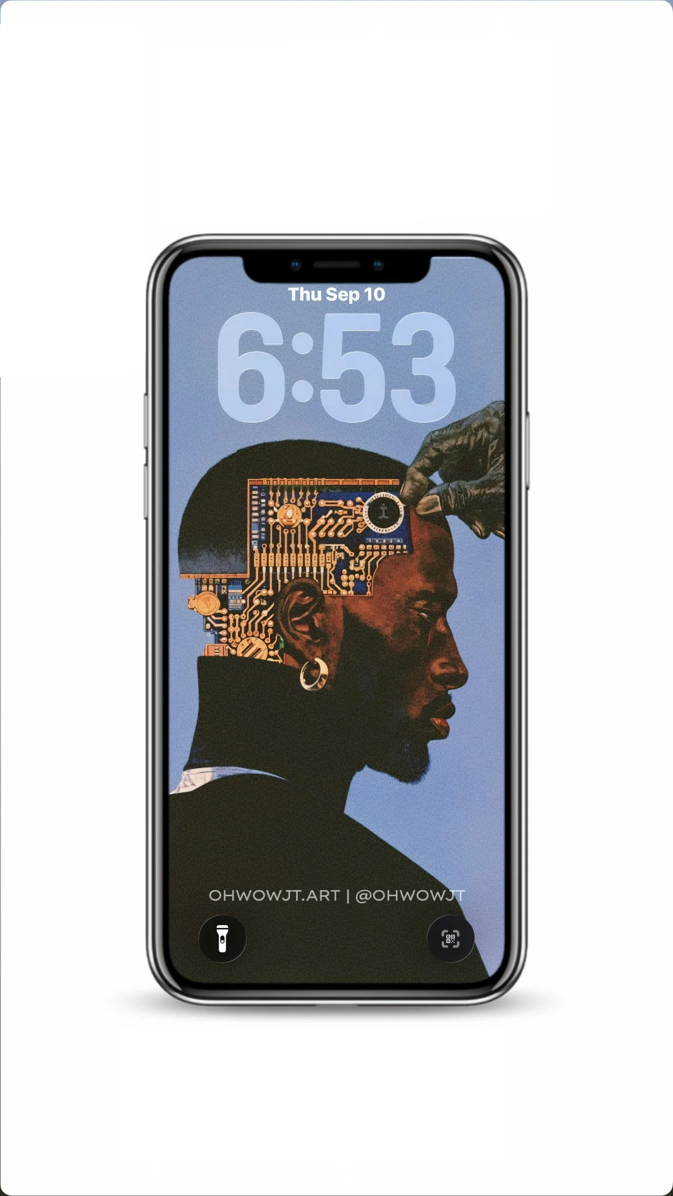 Black man's profile fades into an exposed circuit board where his hair meets a barber's clippers, blending Afrofuturism with everyday ritual. This phone wallpaper pairs a cool blue background with warm copper detail, keeping the lock screen clock rea