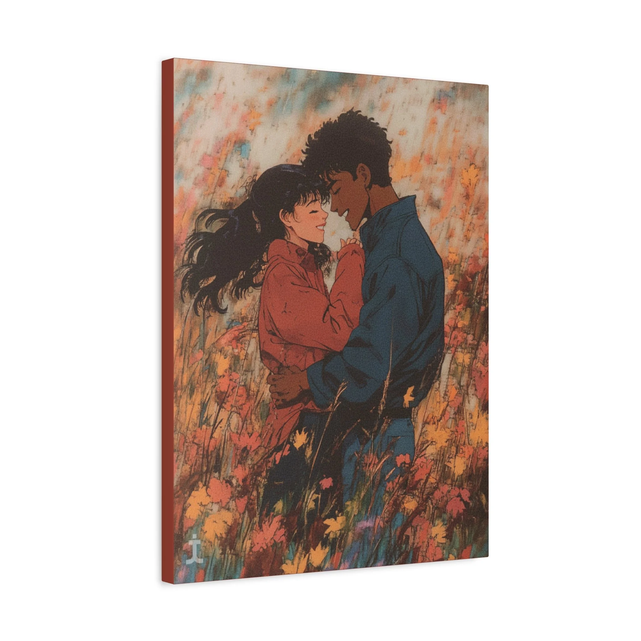 Falling in Love – romantic anime-inspired illustration of a couple embracing in a vibrant autumn field, surrounded by colorful falling leaves and warm golden tones. Canvas wall art celebrating intimacy, seasonal beauty, and timeless love.