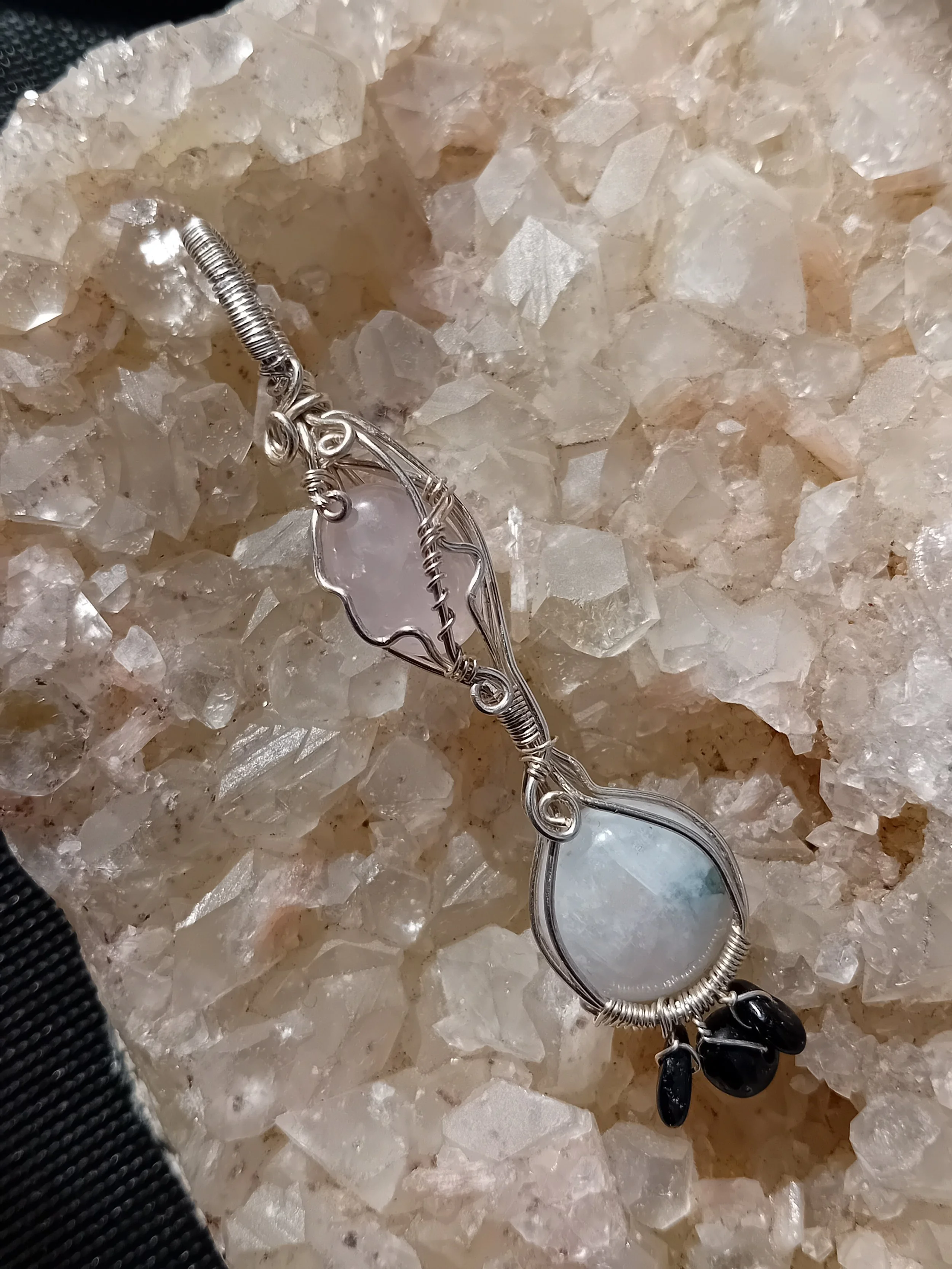 Rose Quartz, Moonstone and Black Tourmaline Sterling Silver Necklace