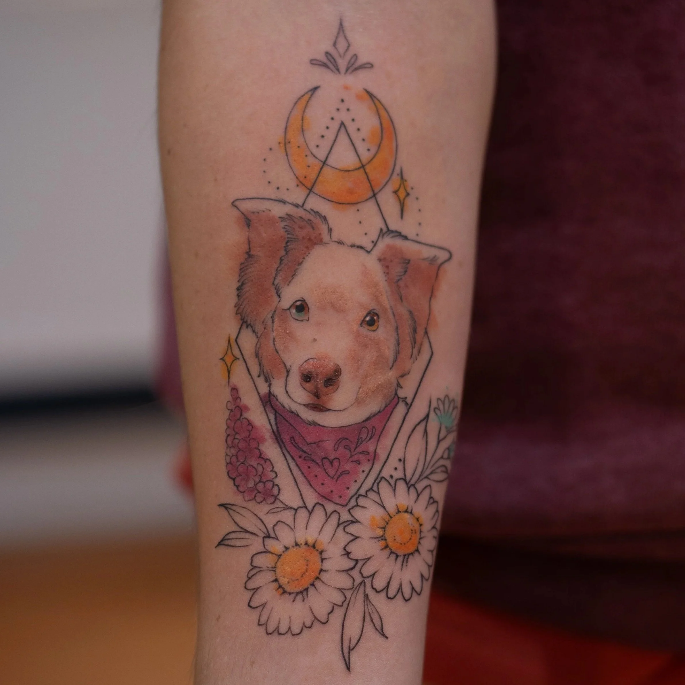 Water colour dog tattoo done in Wheatley, Oxford and Thame
