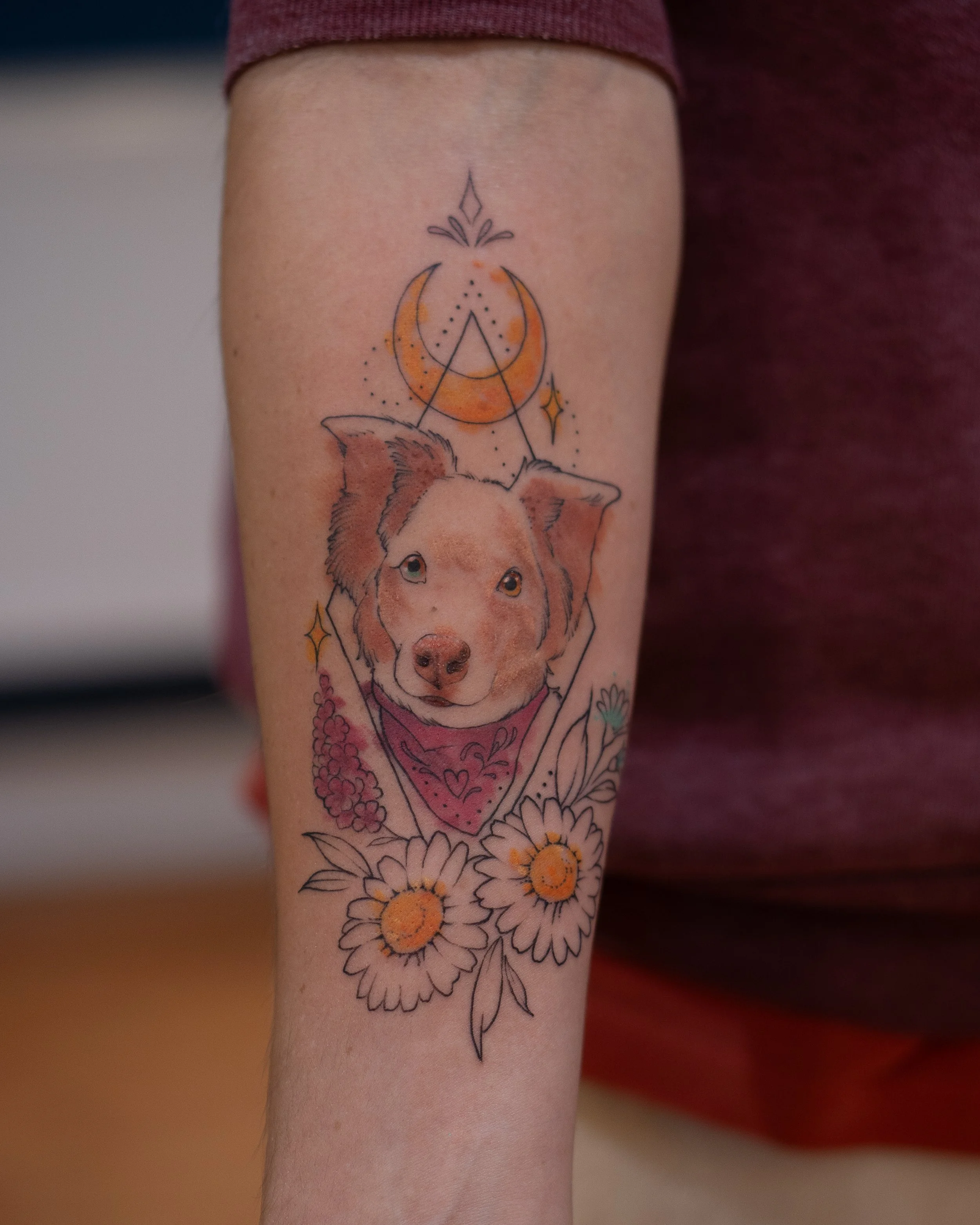Water colour dog tattoo done in Wheatley, Oxford and Thame
