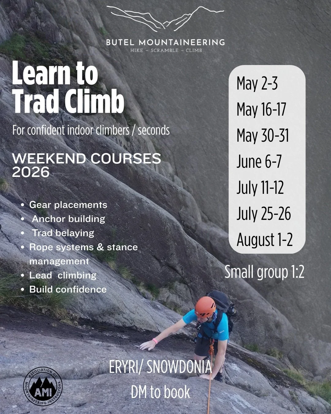 INTRO TO TRAD CLIMBING COURSES 

North Wales - Eryri (Snowdonia) 

I&rsquo;m genuinely psyched on teaching people how to climb and helping them get started in the trad community. Trad climbing, in my opinion, is the most exciting type of climbing. It