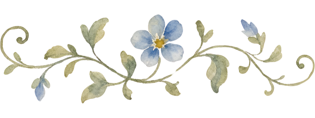 A decorative floral design with light blue and white flowers, green leaves, and swirling vines.