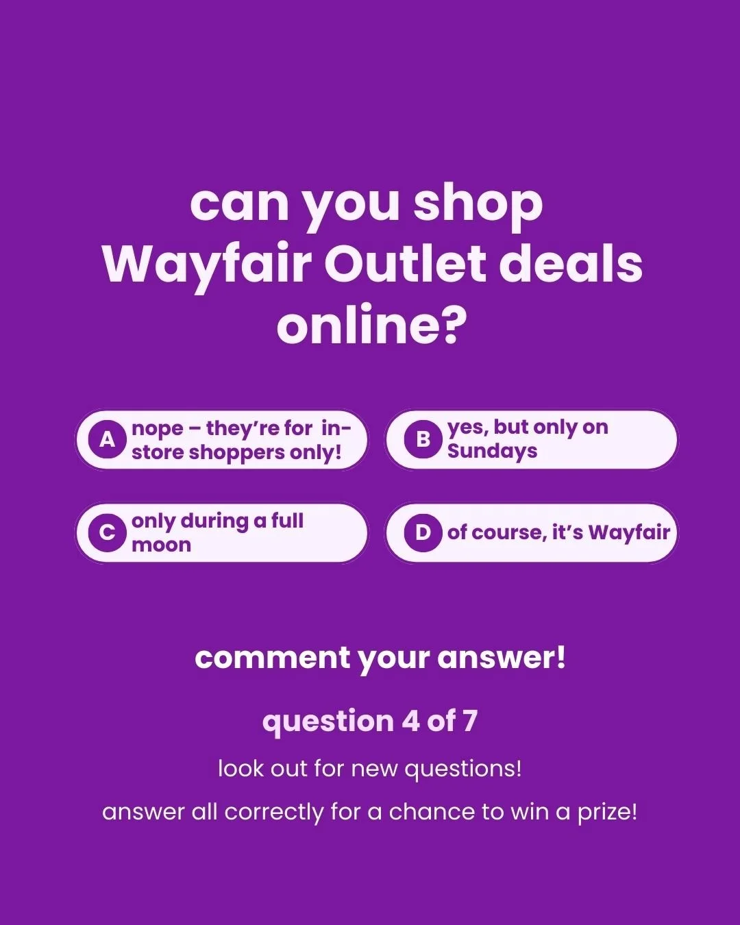 ✨ Trivia Time! ✨
Think you know Wayfair Outlet? Let&rsquo;s put your knowledge to the test! 💡

Drop your answer in the comments 👇 and check back when we reveal the correct answer.

⚡️Answer ALL trivia questions correctly this week and you could win