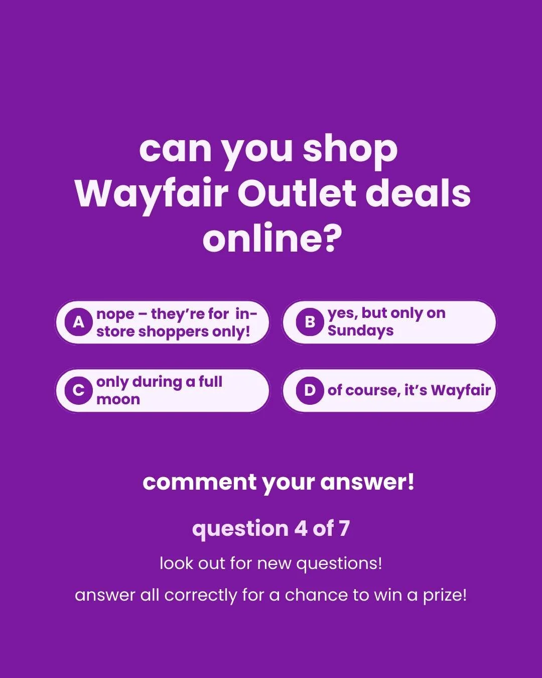 ✨ Trivia Time! ✨
Think you know Wayfair Outlets? Let&rsquo;s put your knowledge to the test! 💡
Drop your answer in the comments 👇 and check back when we reveal the correct answer.
⚡️Answer ALL trivia questions correctly this week and you could win 