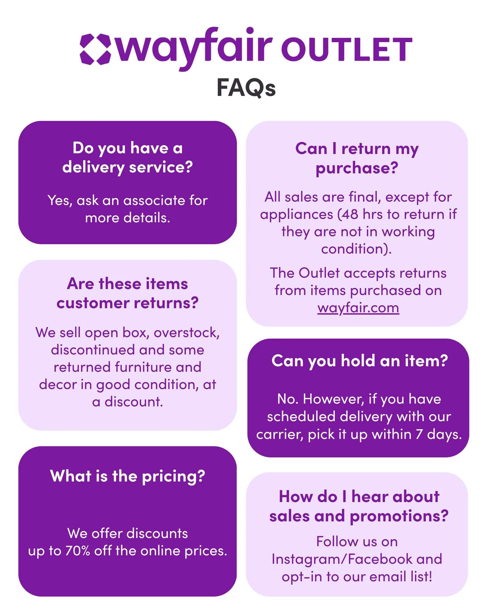 All your frequently asked questions! Do you have any more? Please comment below #wayfairoutlet #wayfair #raleigh #charlottenc #furniture #decora&ccedil;&atilde;o