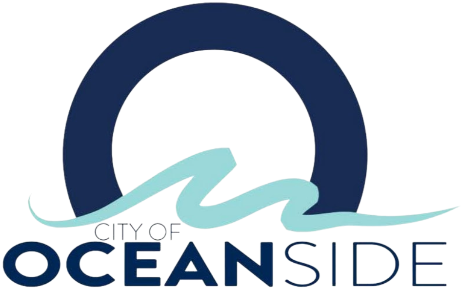 Logo of the City of Oceanside featuring a stylized wave, a yellow sun, and blue text.