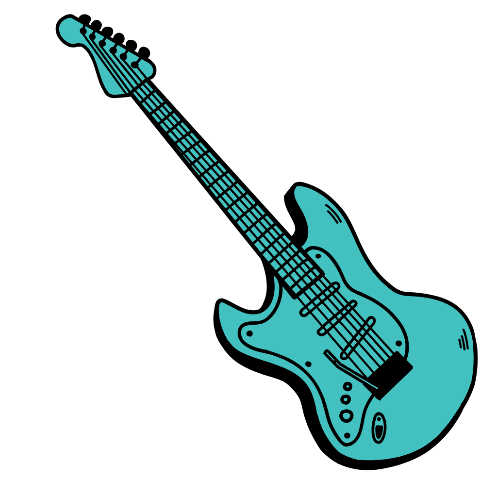 Illustration of an electric guitar leaning against a guitar amplifier on a black background.
