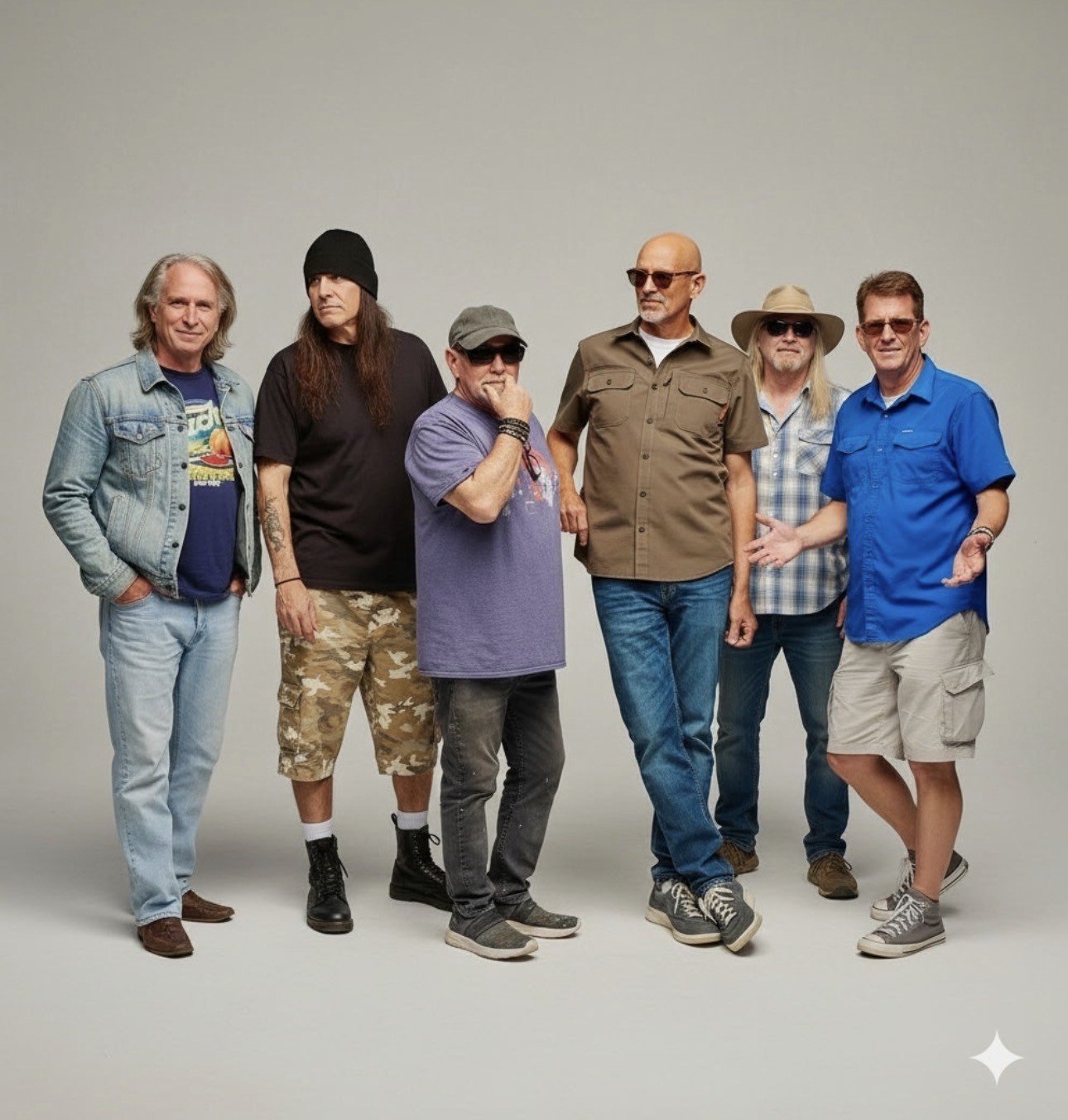 Group of six men standing together against a plain background, dressed casually in jeans, T-shirts, and outdoor wear.