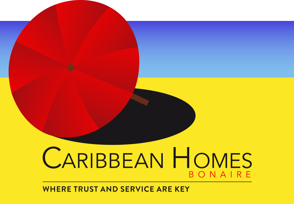 Logo voor Caribbean Homes Bonaire met een rode parasol op een gele achtergrond, en de slogan 'Where trust and service are key'.