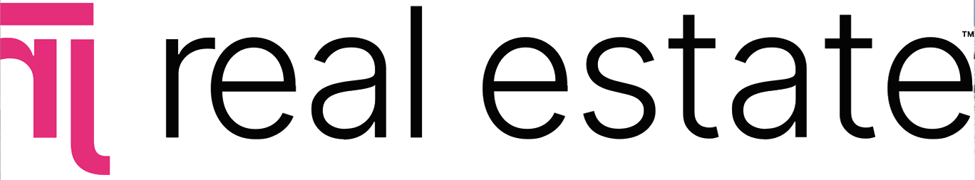 Logo met de tekst 'the real estate' in zwart, met een roze accent op de letter 't'.