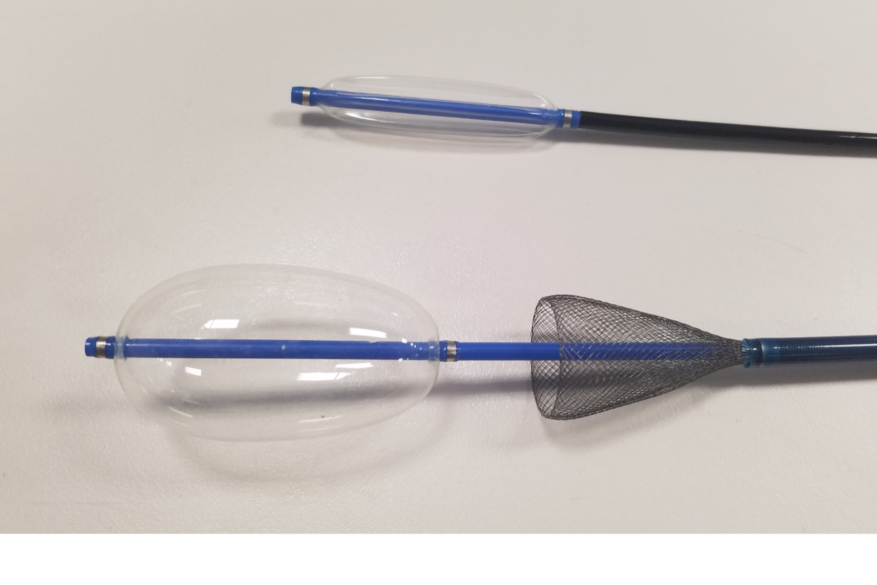 Two aquarium fishnets with blue handles and clear nets on a white surface.