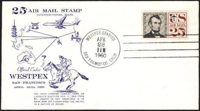 First WESTPEX show cachet, 1960 — designed by Nat Levy, depicting a Pony Express rider and a jet plane crossing the Pacific