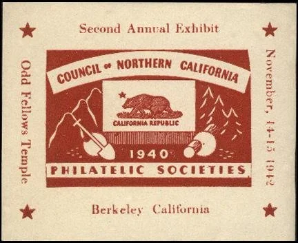 Red and white seal reading 'Second Annual Exhibit, Council of Northern California Philatelic Societies, Berkeley California, November 14–15 1942'