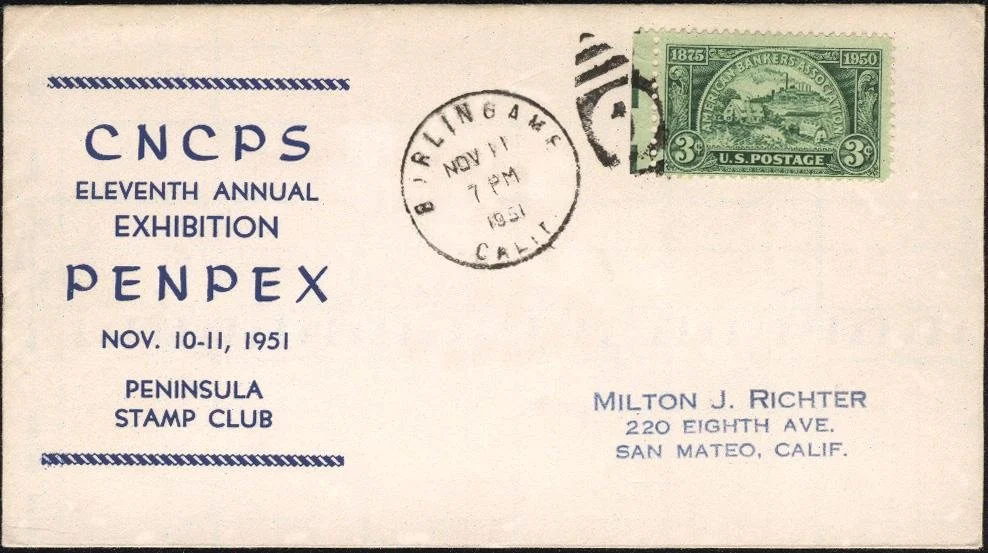 Blue ink cachet on envelope reading 'CNCPS Eleventh Annual Exhibition, PENPEX, Nov. 10–11, 1951, Peninsula Stamp Club' addressed to Milton J. Richter, San Mateo