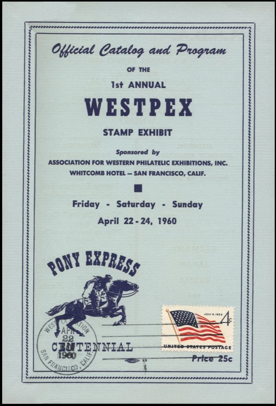 Cover of the first WESTPEX program, 1960, showing typography and space for a postage stamp and cancellation