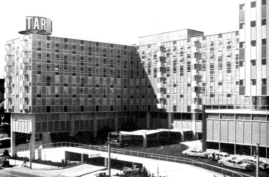 Black-and-white photograph of the Jack Tar Hotel, a modern multi-story building in San Francisco, early 1960s