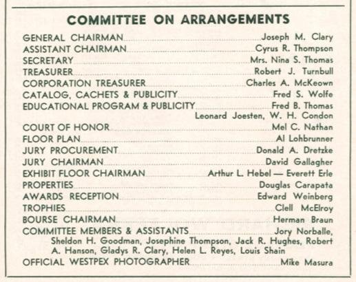 Committee list from the 1964 WESTPEX program showing volunteers and their roles