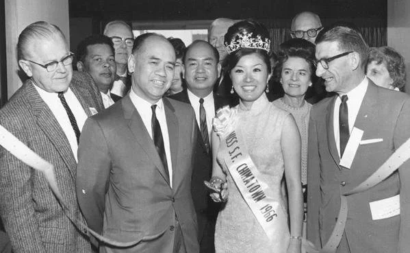 Group photograph at a 1966 ribbon-cutting ceremony with WESTPEX Chairman Joseph Clary, Postmaster Lim P. Lee, and Miss S.F. Chinatown June Gong