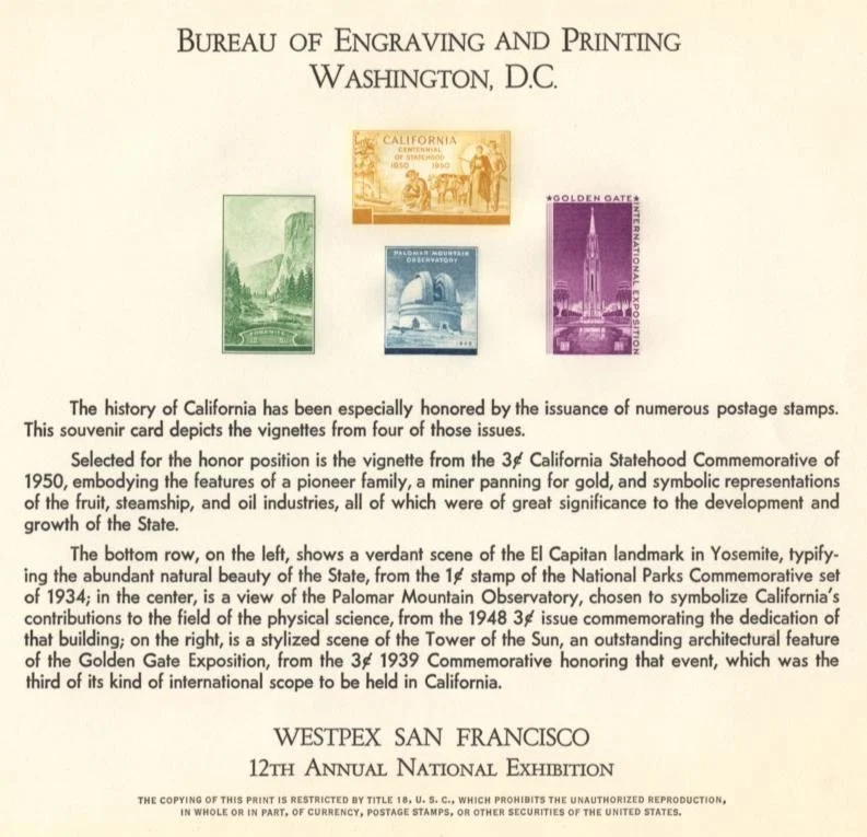 WESTPEX 1971 souvenir sheet from the Bureau of Engraving and Printing showing four California-related stamps including the Yosemite, Palomar Mountain, Statehood, and Golden Gate Exposition issues