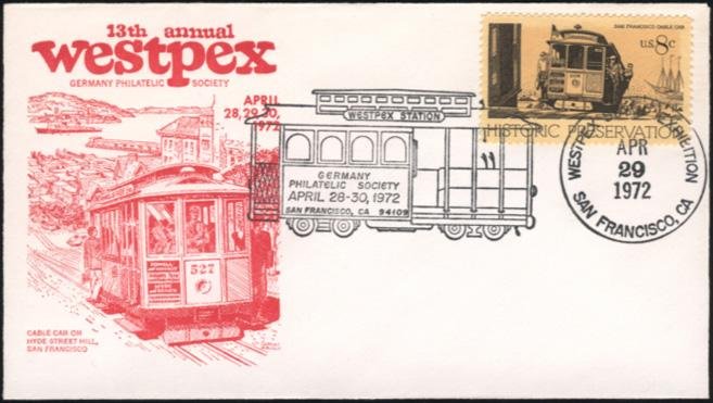 Red 1972 WESTPEX cachet showing a San Francisco cable car commemorative stamp