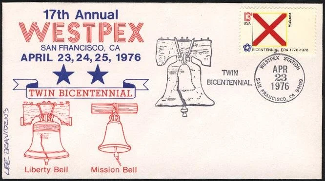 Red 1976 WESTPEX Bicentennial cachet showing the Liberty Bell, the Mission Bell of Mission Dolores, and Bicentennial 50-state flag stamps