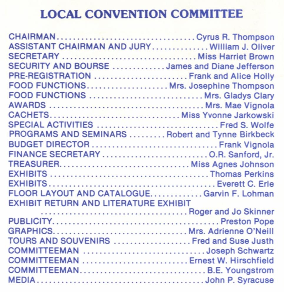 Page from the 1977 APS STaMpsHOW program listing the local WESTPEX volunteers who staffed the show