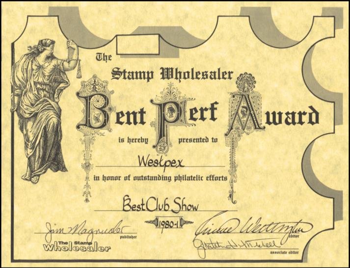 The 1981 Bent Perf Award certificate honoring WESTPEX as best club show