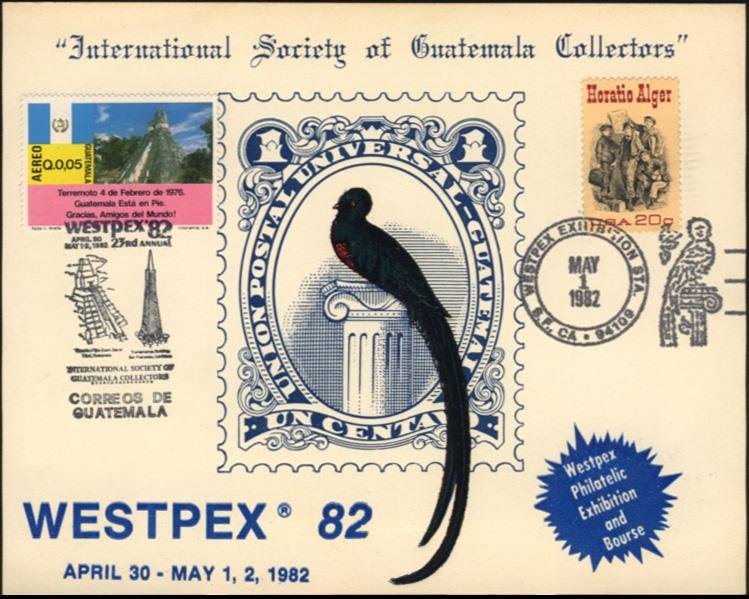 1982 Guatemalan souvenir card with dual cancels from Guatemala and San Francisco