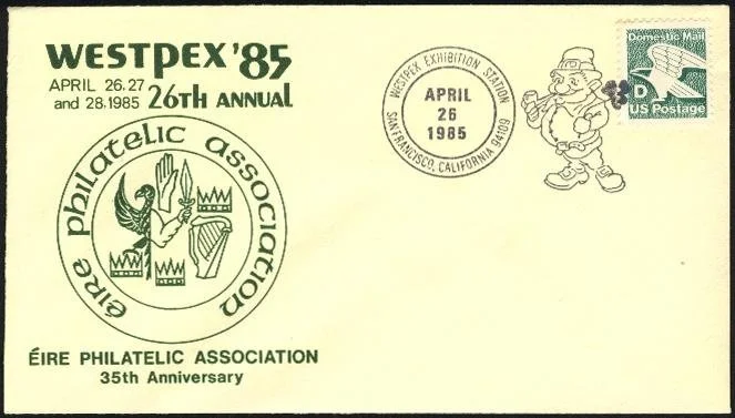1985 WESTPEX cachet showing a leprechaun on a buff envelope with green ink